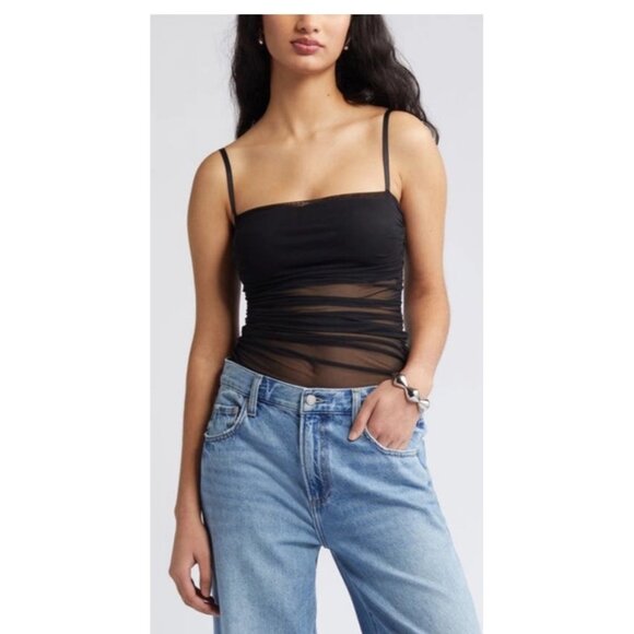 Open Edit Ruched Mesh Camisole XS Black Sheer Layered Tube Top Y2K Night Out - Picture 1 of 7